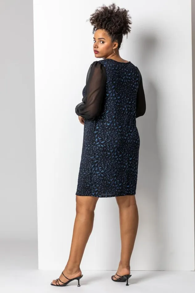 Blue Curve Glitter Leopard Print Mesh Sleeve Dress Women Roman Dresses