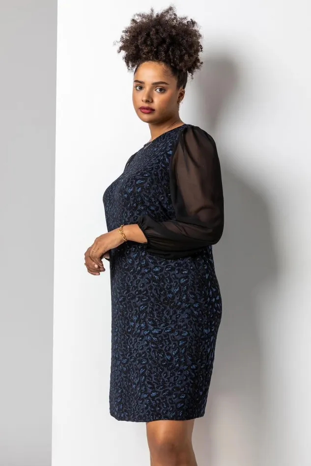 Blue Curve Glitter Leopard Print Mesh Sleeve Dress Women Roman Dresses