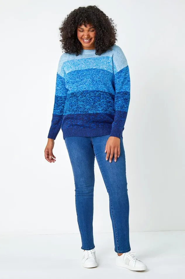 Blue Curve Ombre Stripe Knit Jumper Women Roman Knitwear
