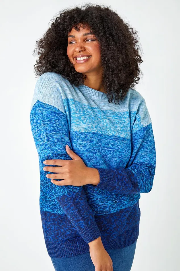 Blue Curve Ombre Stripe Knit Jumper Women Roman Knitwear
