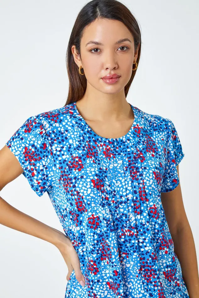 Blue Ditsy Spot Print Pleat Detail Blouse Women Roman Tops