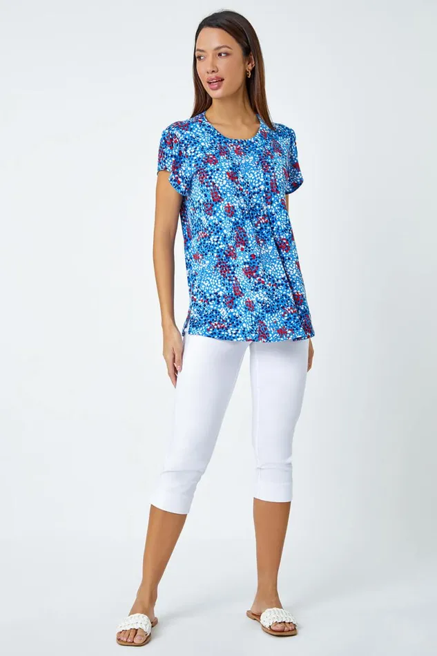 Blue Ditsy Spot Print Pleat Detail Blouse Women Roman Tops