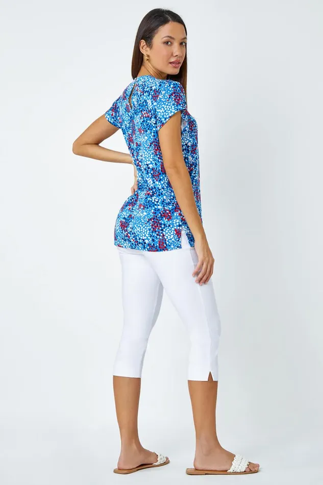 Blue Ditsy Spot Print Pleat Detail Blouse Women Roman Tops