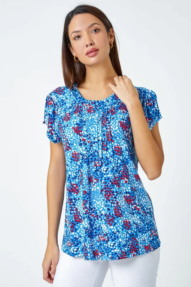Blue Ditsy Spot Print Pleat Detail Blouse Women Roman Tops