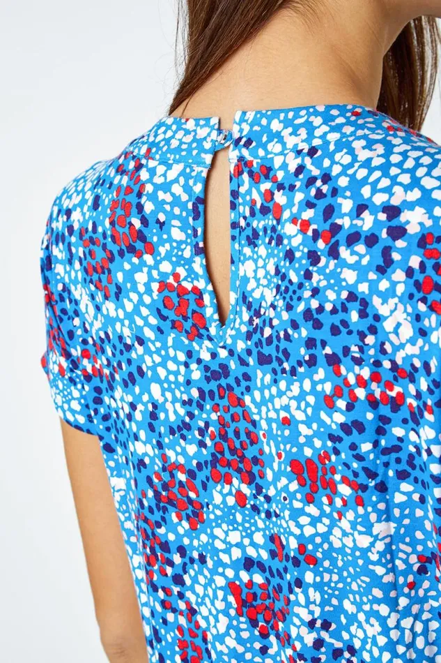 Blue Ditsy Spot Print Pleat Detail Blouse Women Roman Tops