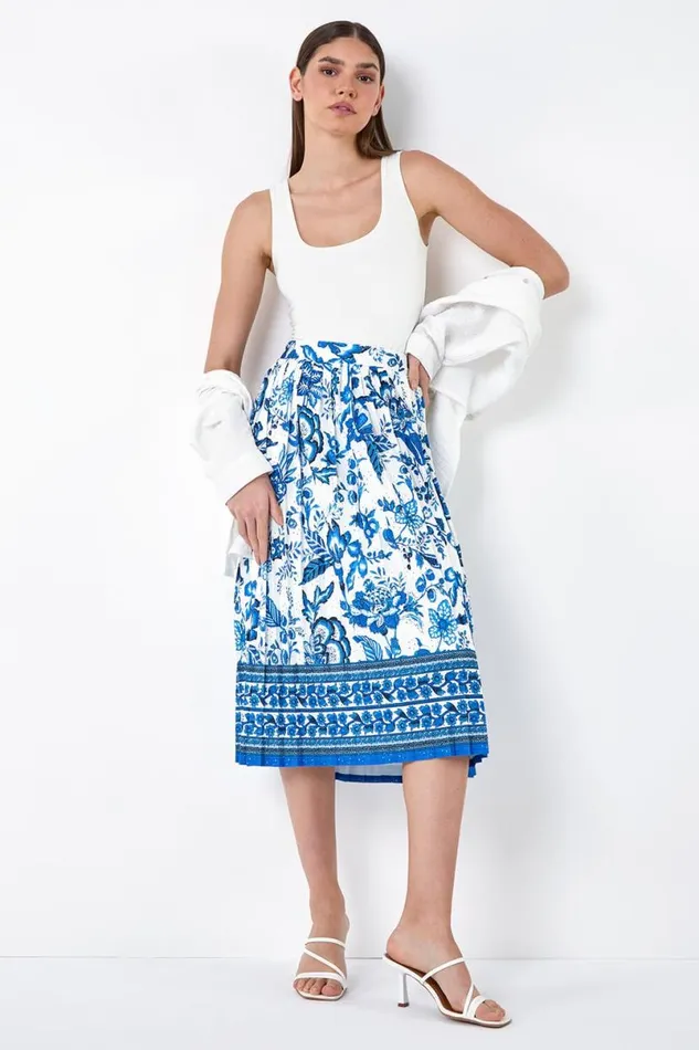 Blue Floral Broderie Stretch Pleated Midi Skirt Women Roman Skirts