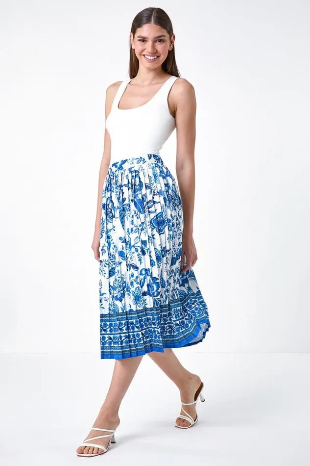 Blue Floral Broderie Stretch Pleated Midi Skirt Women Roman Skirts