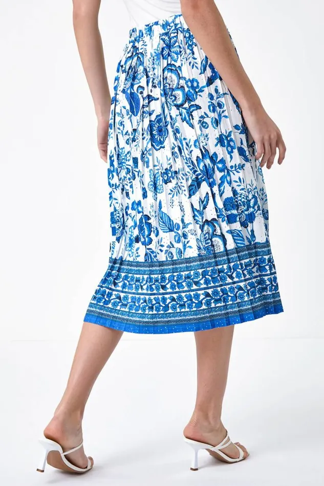 Blue Floral Broderie Stretch Pleated Midi Skirt Women Roman Skirts