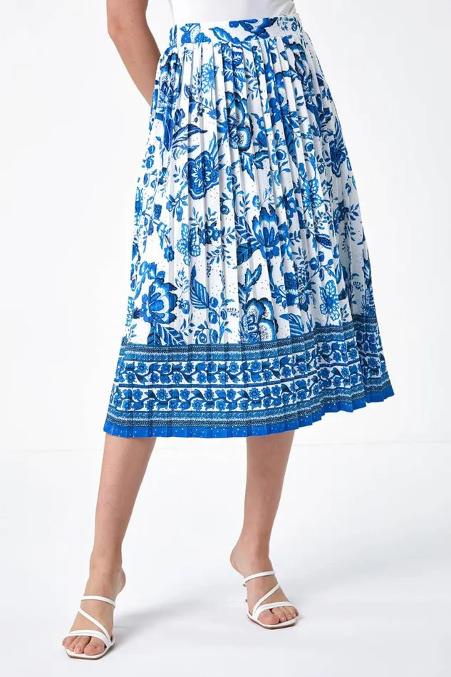 Blue Floral Broderie Stretch Pleated Midi Skirt Women Roman Skirts