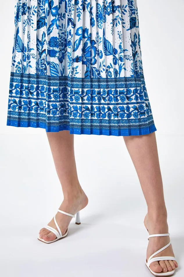 Blue Floral Broderie Stretch Pleated Midi Skirt Women Roman Skirts