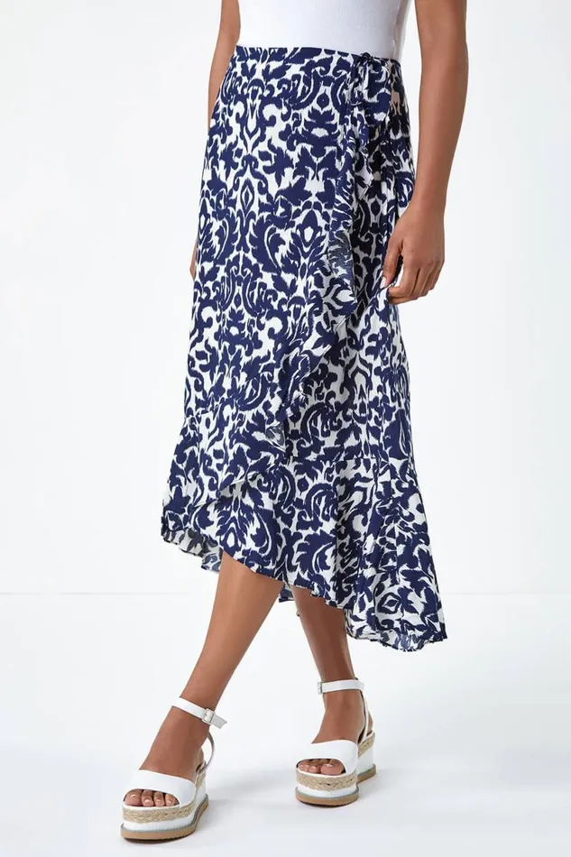 Blue Frill Abstract Print A Line Wrap Skirt Women Roman Skirts