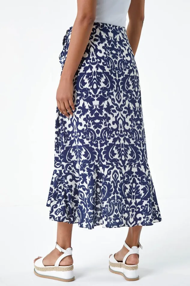 Blue Frill Abstract Print A Line Wrap Skirt Women Roman Skirts
