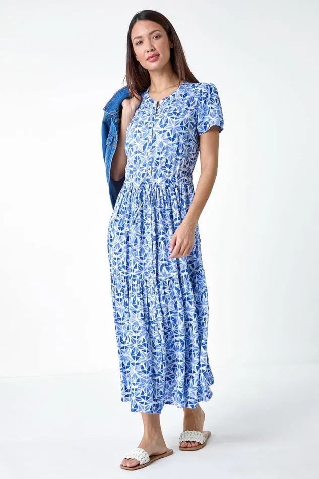 Blue Geo Print Button Through Midi Dress Women Roman Dresses