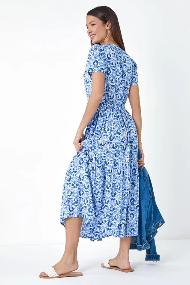 Blue Geo Print Button Through Midi Dress Women Roman Dresses