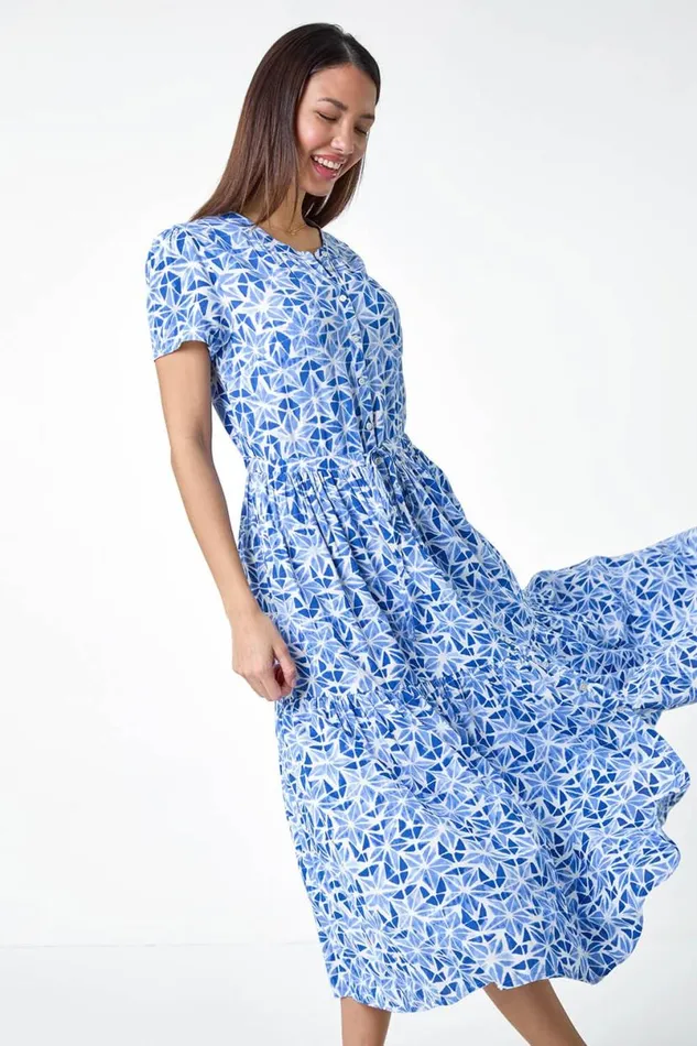 Blue Geo Print Button Through Midi Dress Women Roman Dresses