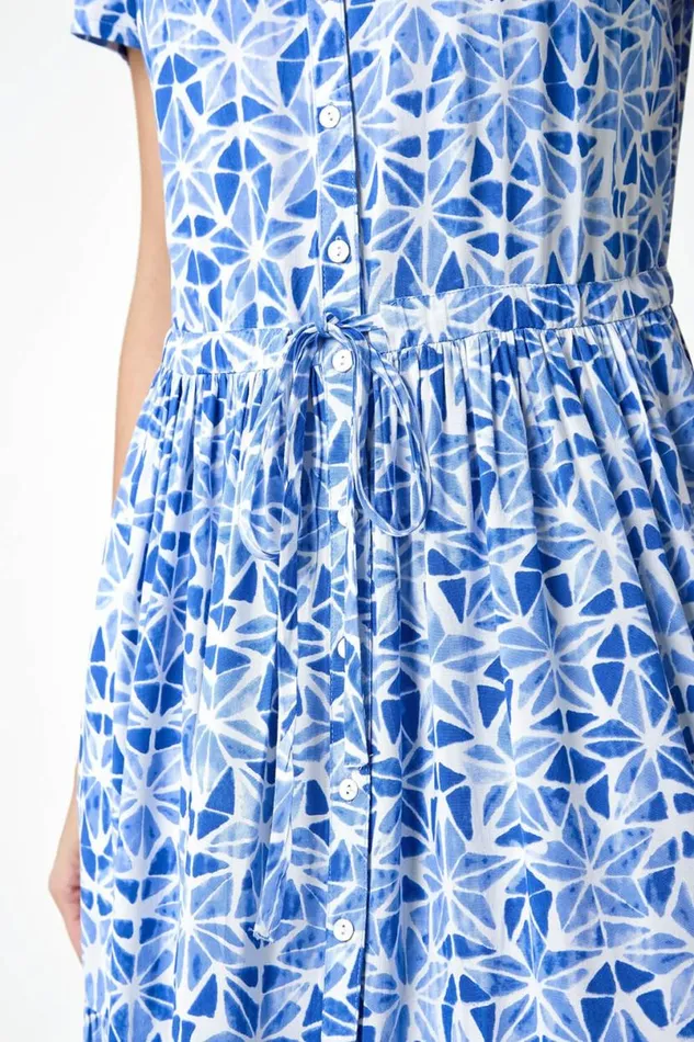 Blue Geo Print Button Through Midi Dress Women Roman Dresses