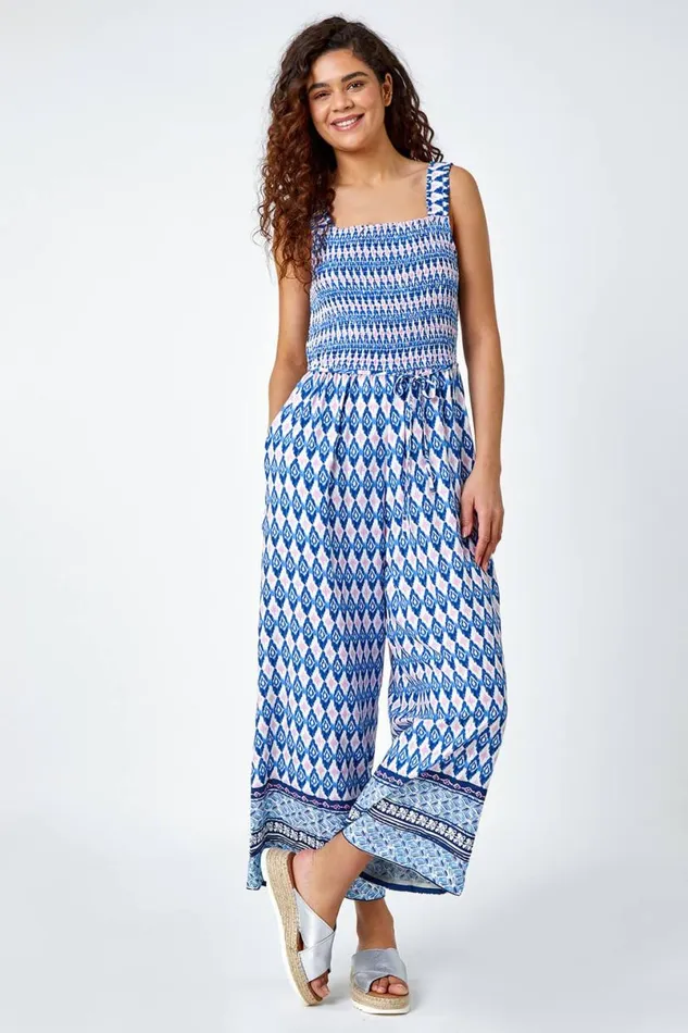 Blue Geometric Print Wide Leg Stretch Jumpsuit Women Roman Dresses
