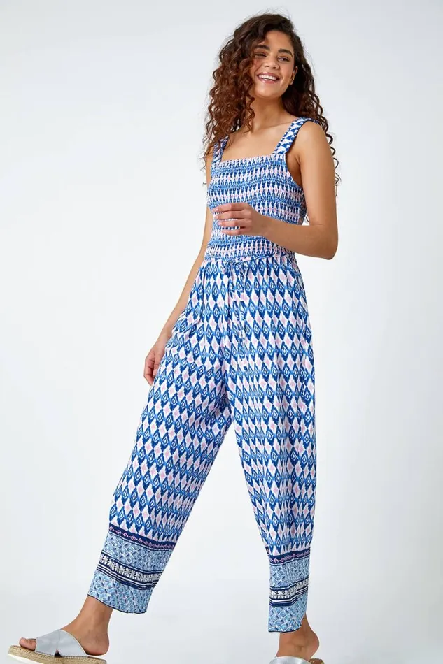 Blue Geometric Print Wide Leg Stretch Jumpsuit Women Roman Dresses