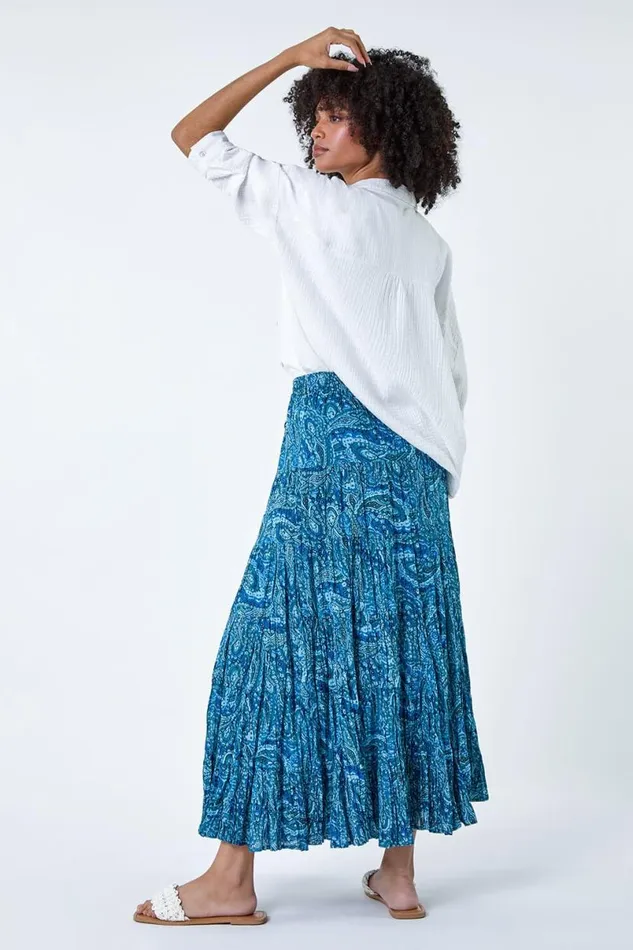 Blue Paisley Crinkle Cotton Tiered Maxi Skirt Women Roman Skirts