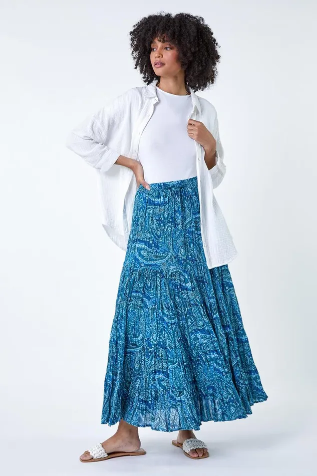 Blue Paisley Crinkle Cotton Tiered Maxi Skirt Women Roman Skirts