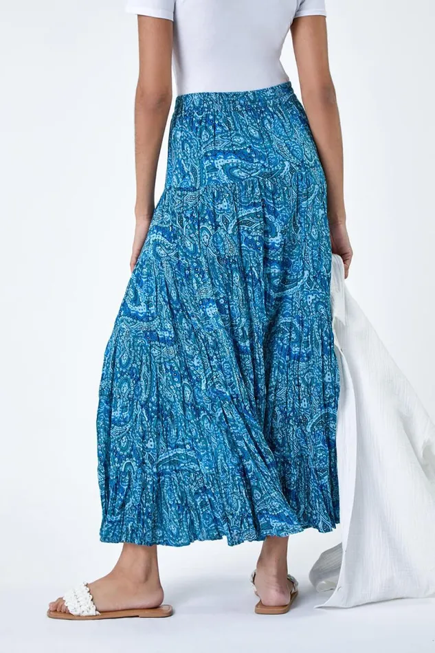 Blue Paisley Crinkle Cotton Tiered Maxi Skirt Women Roman Skirts