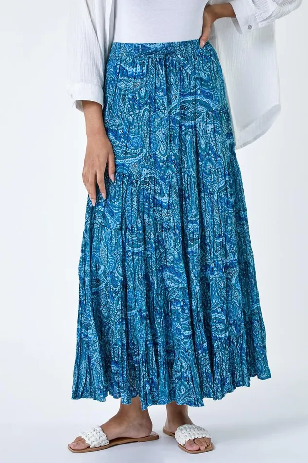 Blue Paisley Crinkle Cotton Tiered Maxi Skirt Women Roman Skirts