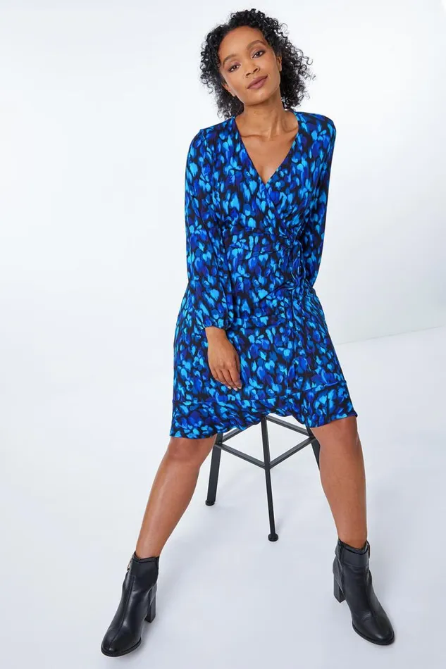 Blue Petite Animal Print Wrap Dress Women Roman Dresses