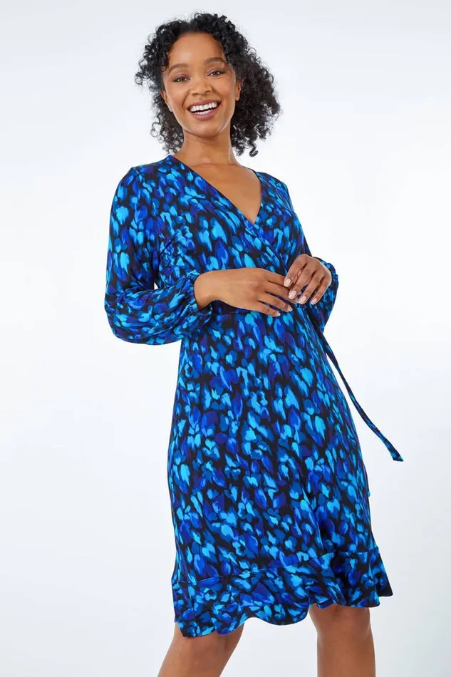 Blue Petite Animal Print Wrap Dress Women Roman Dresses