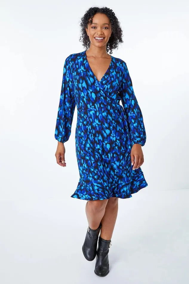 Blue Petite Animal Print Wrap Dress Women Roman Dresses