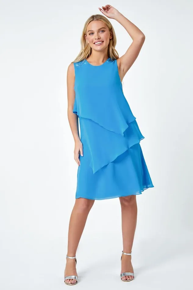 Blue Petite Embellished Chiffon Tiered Shift Dress Women Roman Dresses