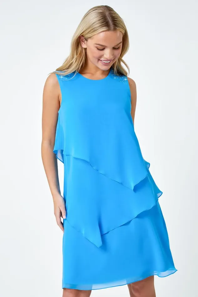 Blue Petite Embellished Chiffon Tiered Shift Dress Women Roman Dresses