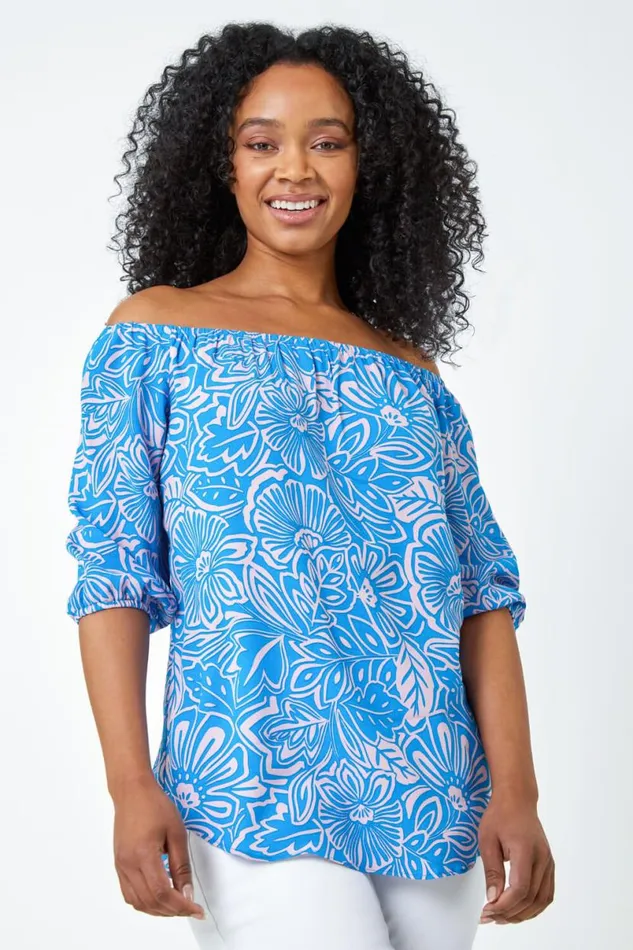 Blue Petite Floral Print Bardot Top Women Roman Tops