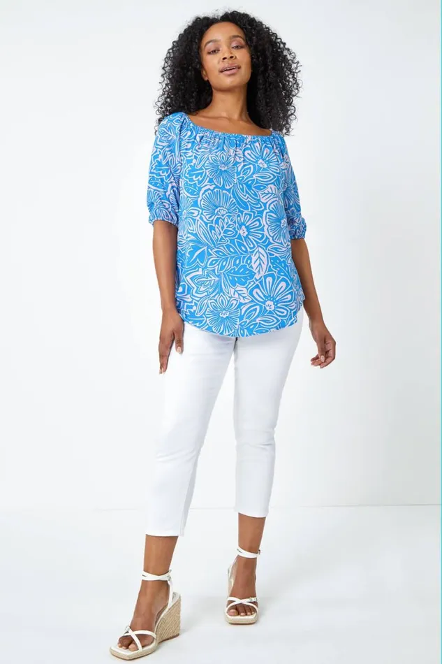 Blue Petite Floral Print Bardot Top Women Roman Tops