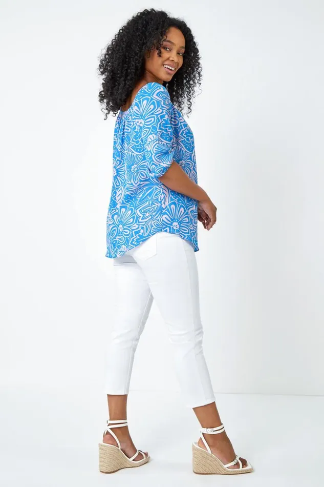 Blue Petite Floral Print Bardot Top Women Roman Tops