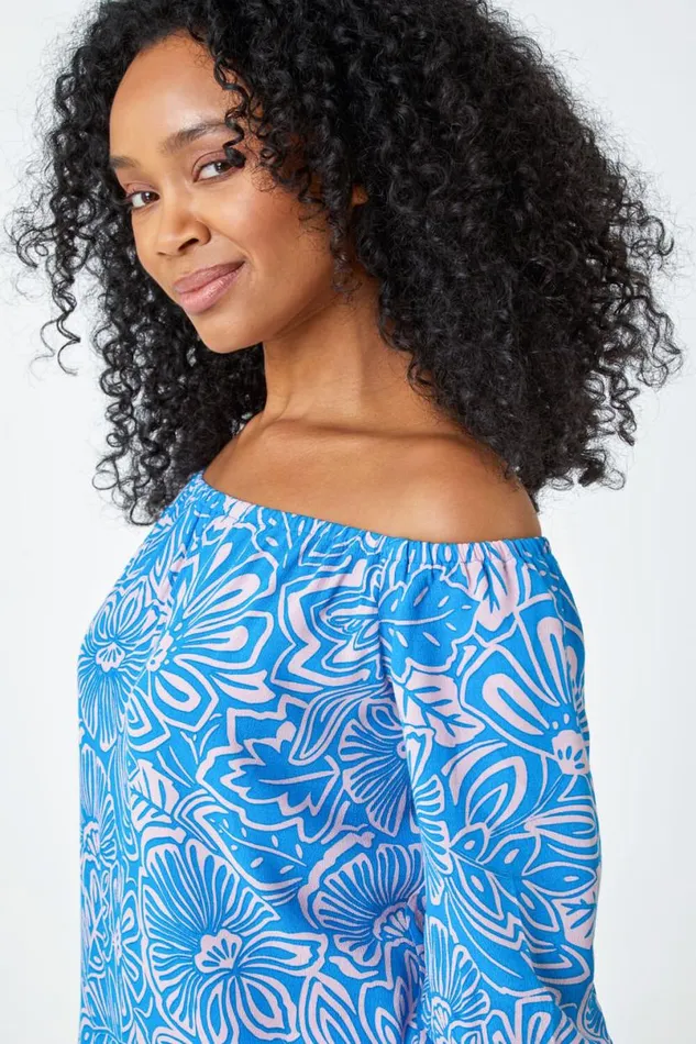 Blue Petite Floral Print Bardot Top Women Roman Tops