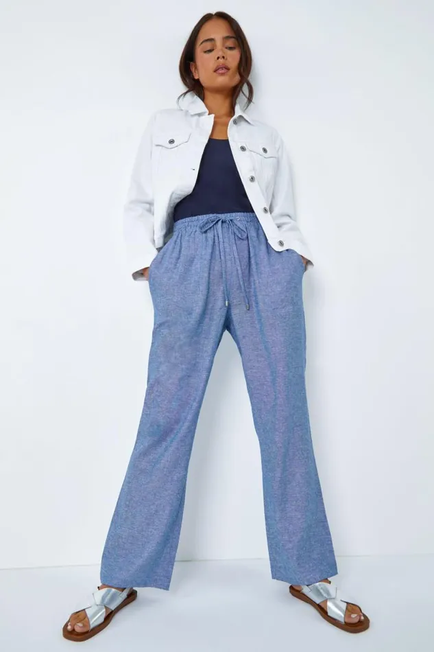 Blue Petite Linen Mix Wide Leg Trousers Women Roman Trousers