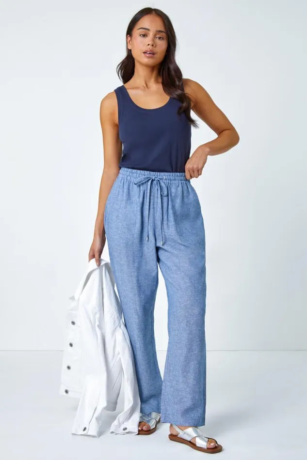 Blue Petite Linen Mix Wide Leg Trousers Women Roman Trousers