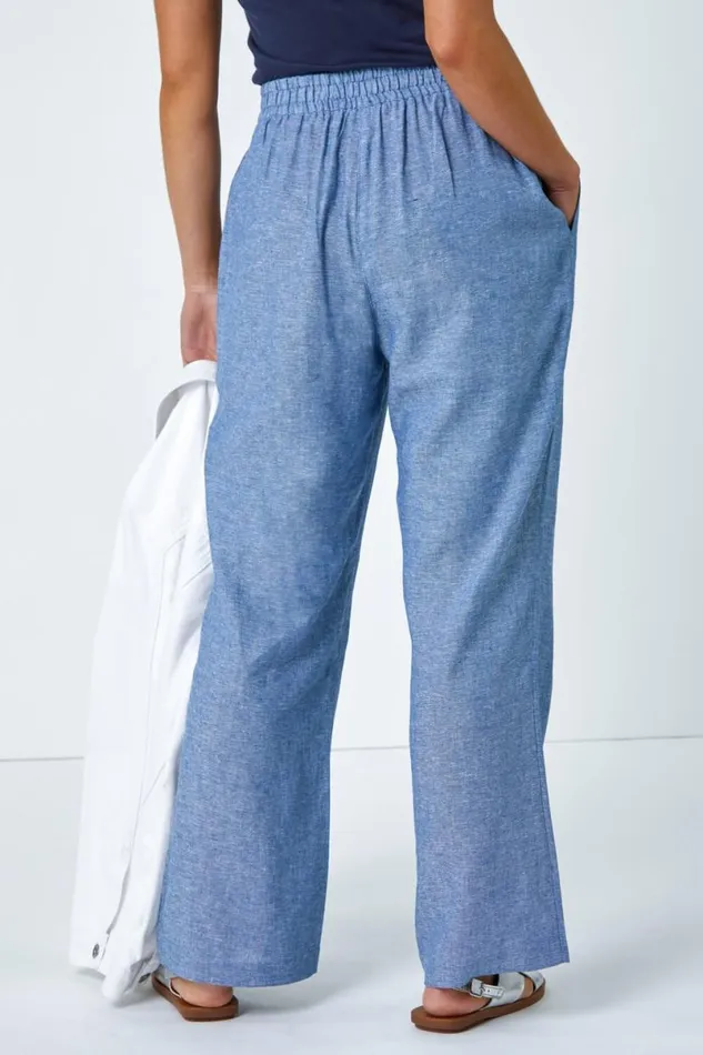 Blue Petite Linen Mix Wide Leg Trousers Women Roman Trousers