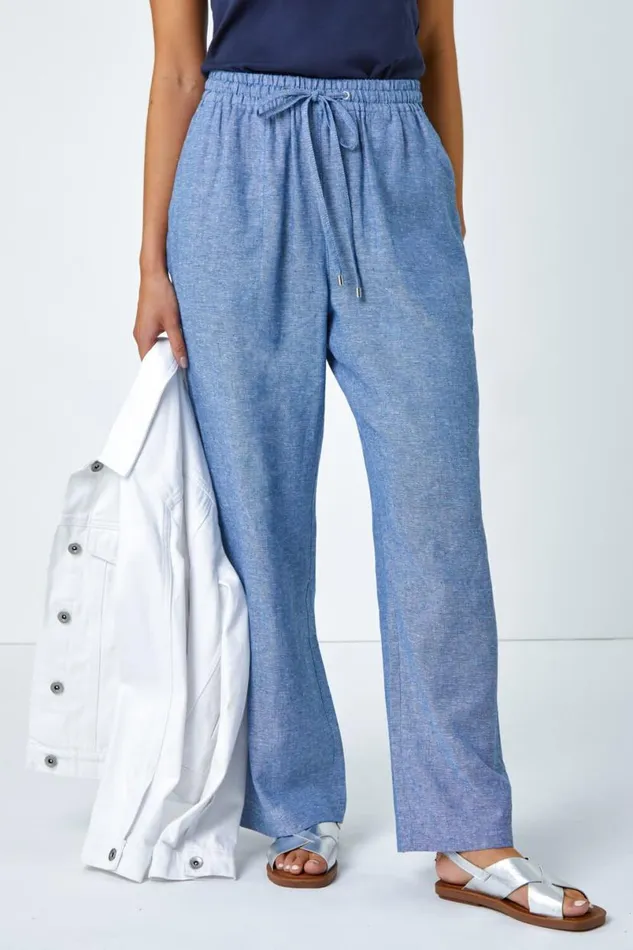 Blue Petite Linen Mix Wide Leg Trousers Women Roman Trousers
