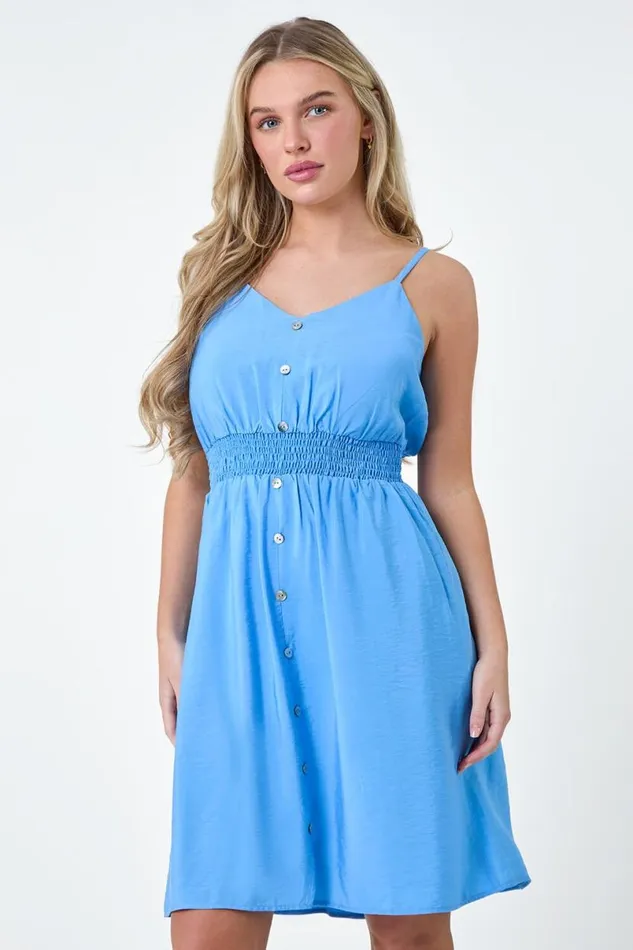 Blue Petite Plain Strappy Shirred Dress Women Roman Dresses