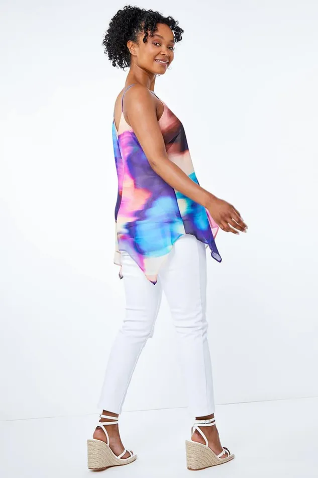 Blue Petite Tie Dye Hanky Hem Top Women Roman Tops