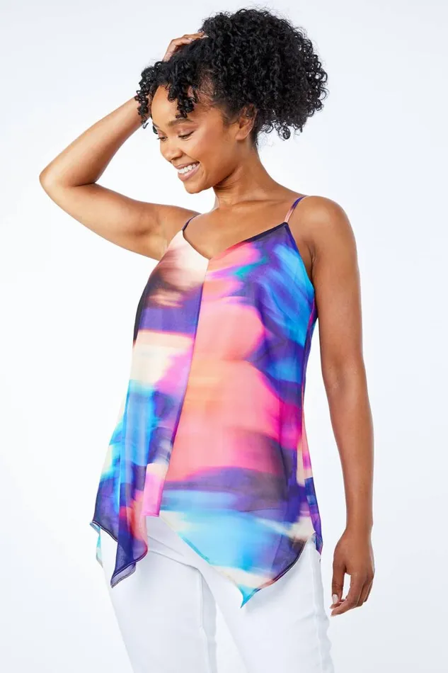 Blue Petite Tie Dye Hanky Hem Top Women Roman Tops