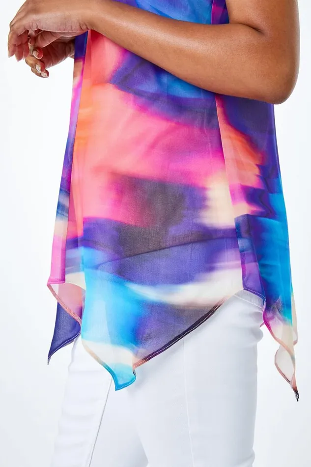 Blue Petite Tie Dye Hanky Hem Top Women Roman Tops