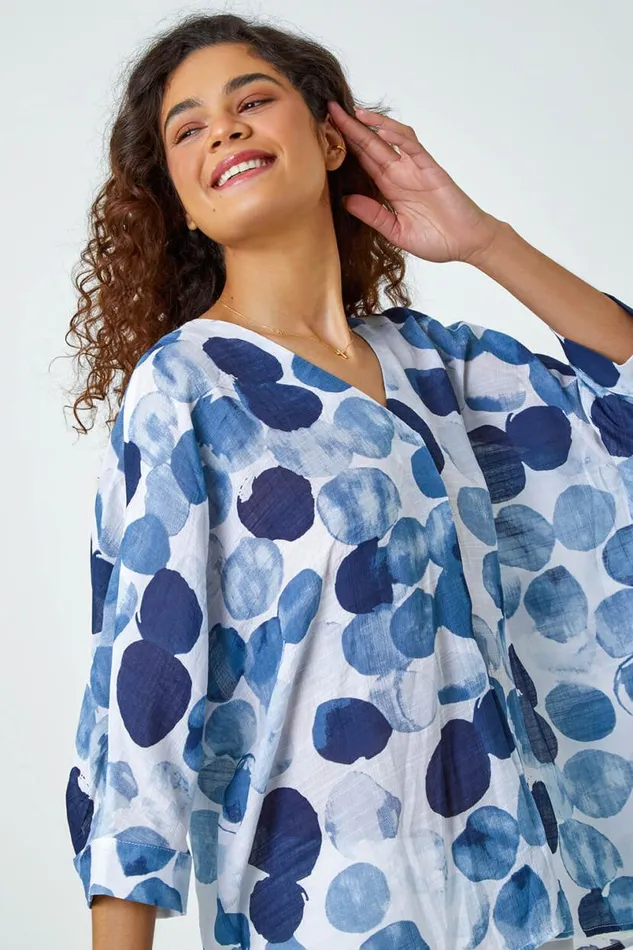 Blue Spot Print Relaxed Woven Top Women Roman Tops