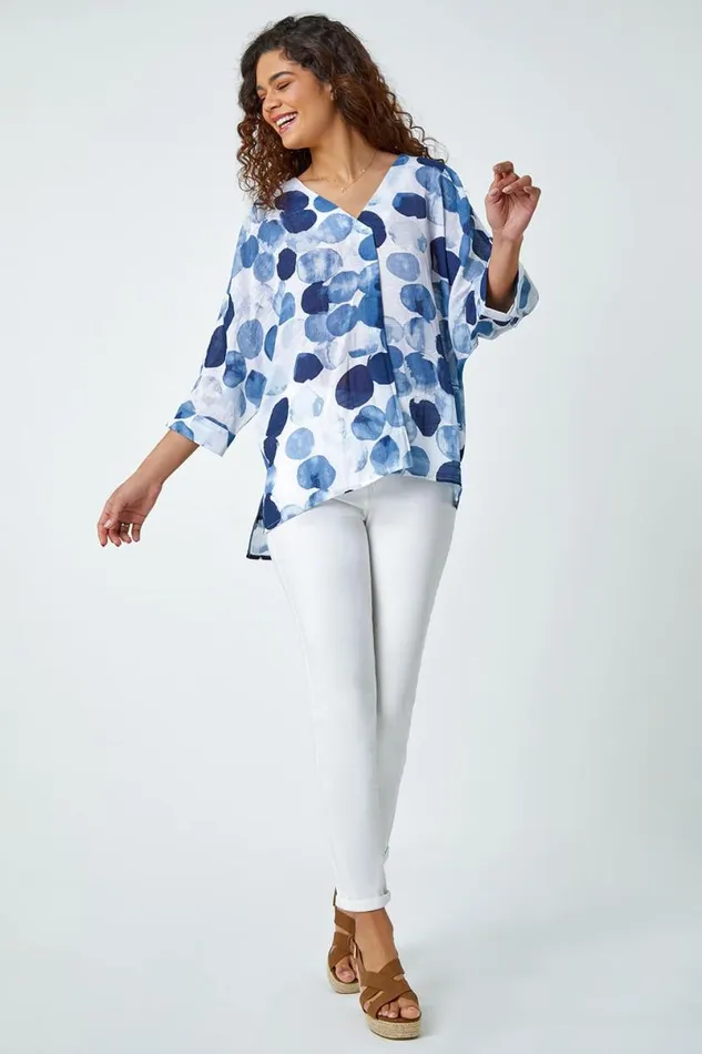 Blue Spot Print Relaxed Woven Top Women Roman Tops