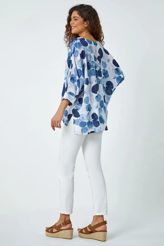 Blue Spot Print Relaxed Woven Top Women Roman Tops