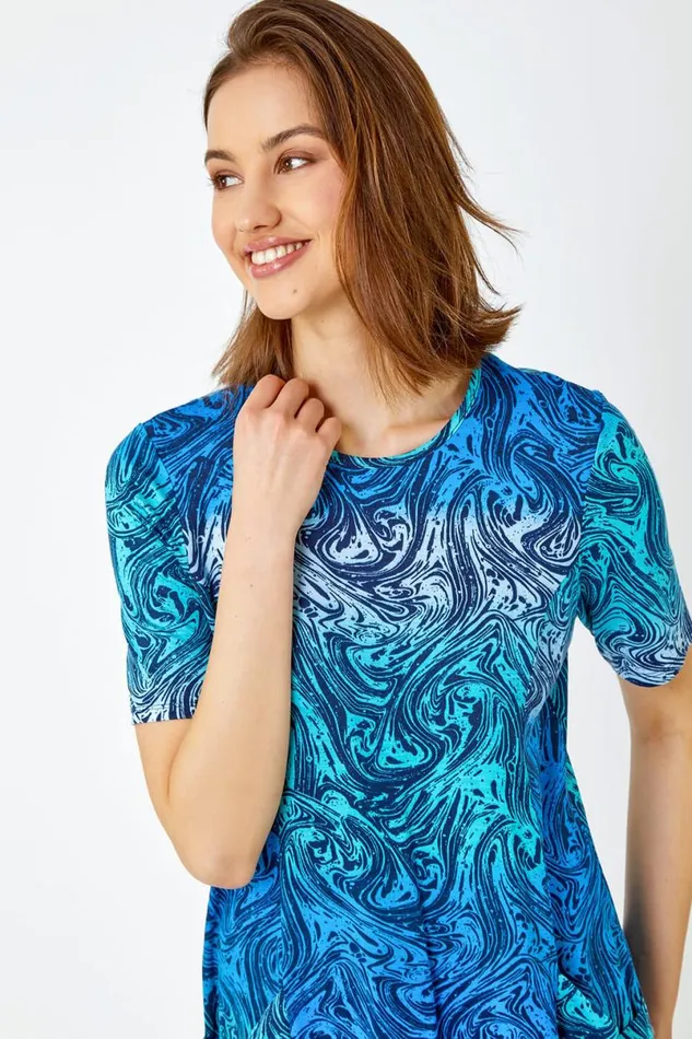 Blue Swirl Print Stretch Tunic Pocket Top Women Roman Tops