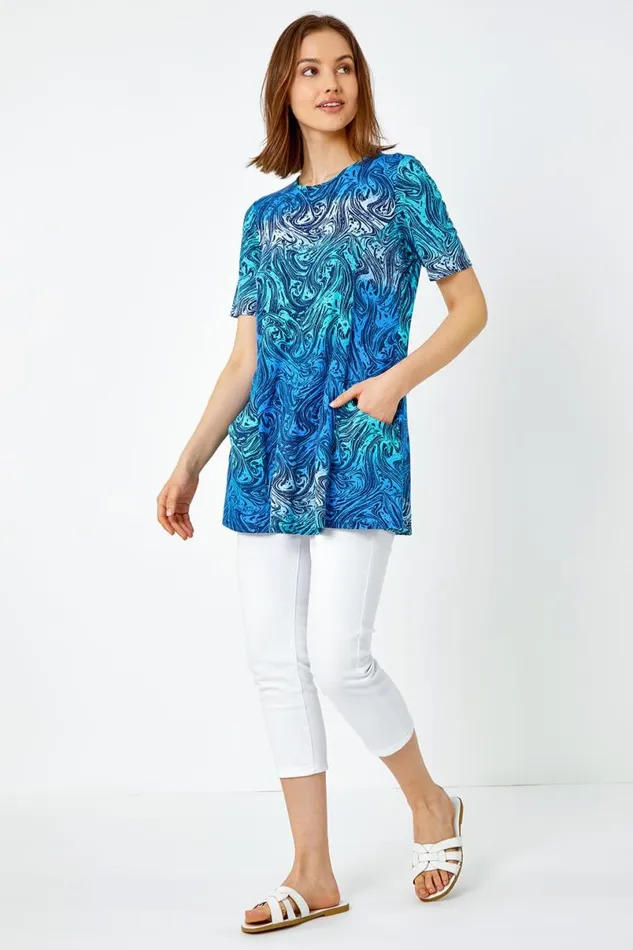 Blue Swirl Print Stretch Tunic Pocket Top Women Roman Tops