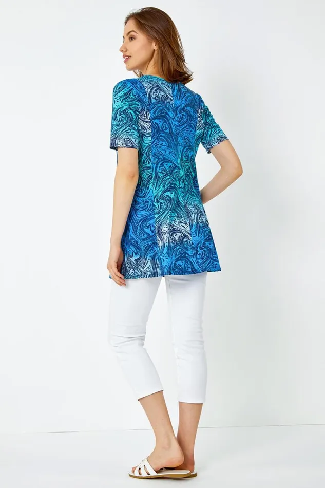 Blue Swirl Print Stretch Tunic Pocket Top Women Roman Tops