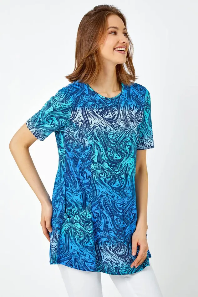 Blue Swirl Print Stretch Tunic Pocket Top Women Roman Tops
